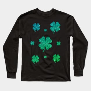 St Patricks Day, Ombre Green 4 Leaf Faux Glitter Clovers Long Sleeve T-Shirt
